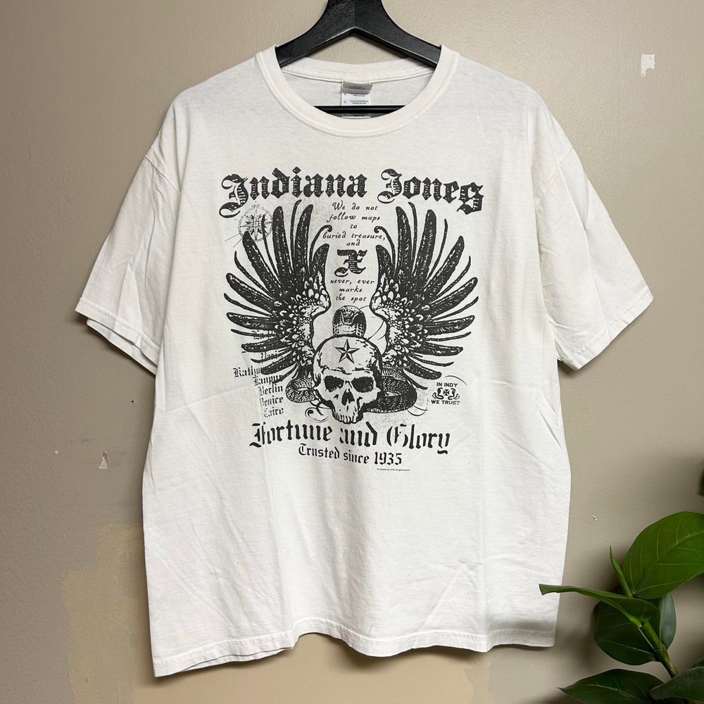 Vintage Indiana Jones Skull Grunge Graphic Shirt Mens Large White Gildan 00s